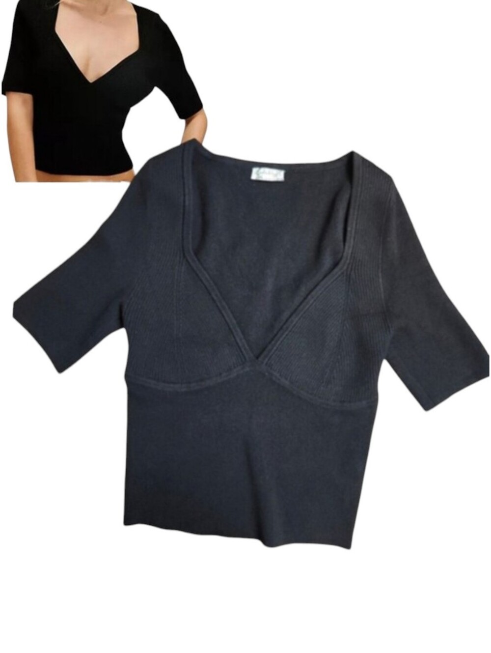 Free People Womens Teagan Swit V Neck Ribbed Knit Short Sleeve Top Black XS